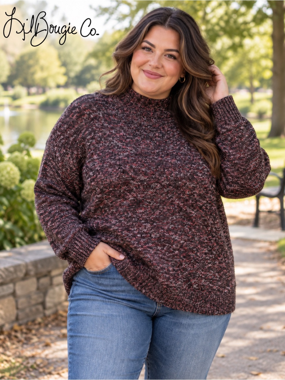 Chaps Plus Size XL Marled Burgundy and Black Turtleneck Sweater